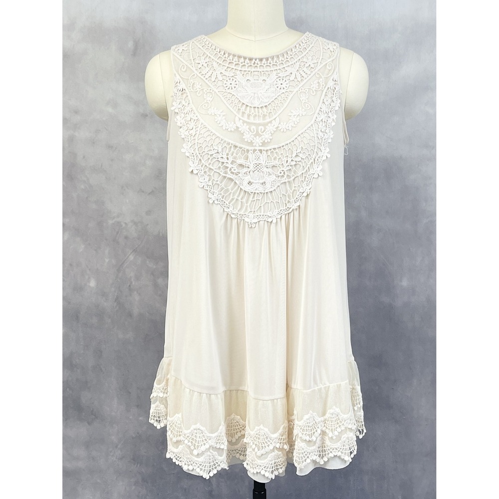 Cal Style Crochet Lace Ruffle Hem Sleeveless Tunic Top Women Small Boho Flowy